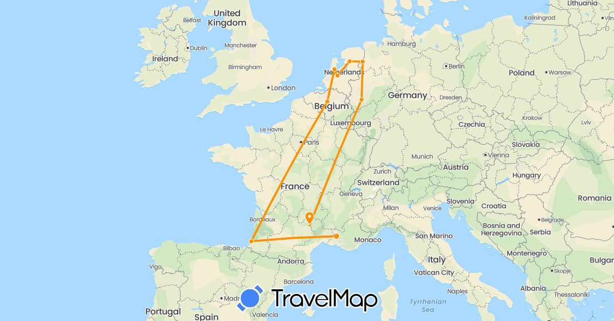 TravelMap itinerary: driving, hitchhiking in Belgium, Germany, France, Netherlands (Europe)